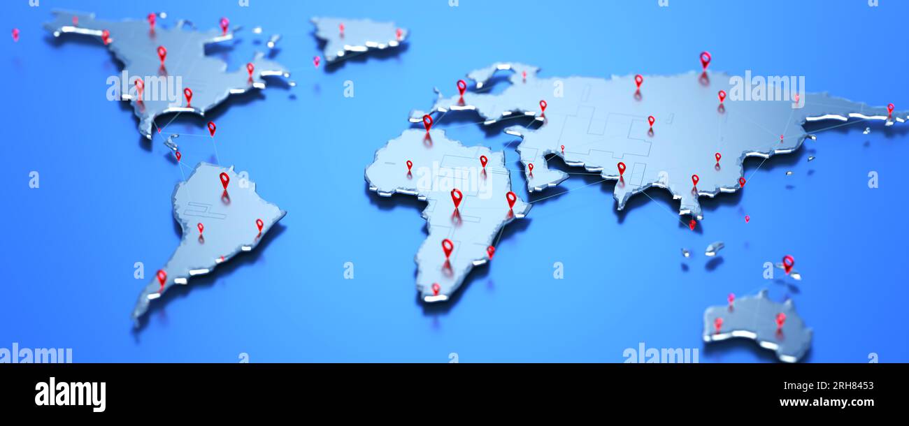 Mappa del mondo con tecnologia globale di localizzazione. Concetto di connessione di rete e sistema di posizionamento globale (GPS). Mappa del mondo astratta con Foto Stock