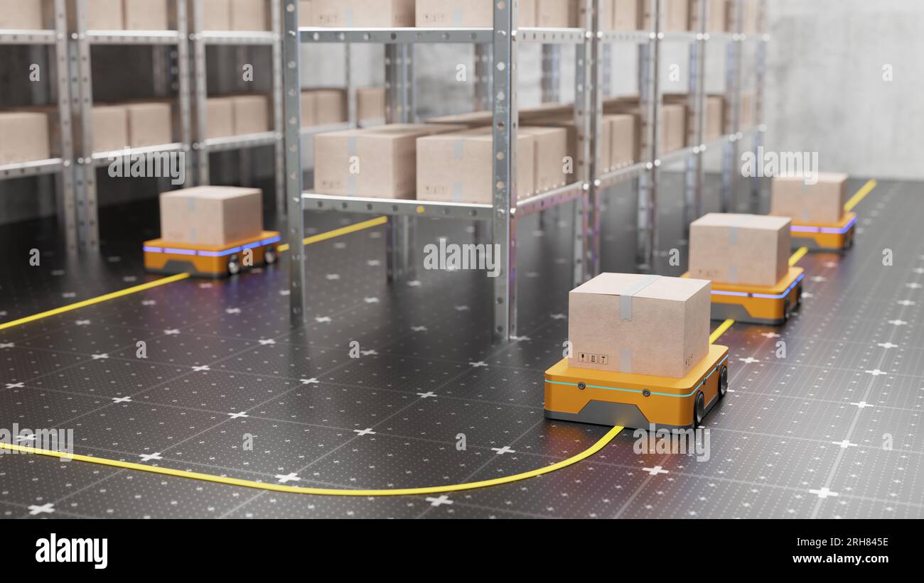 I robot si muovono lungo gli scaffali con le scatole lungo la linea gialla. Robot AGV che consegnano scatole di cartone a un centro di distribuzione logistica. AG. Automatizzato Foto Stock