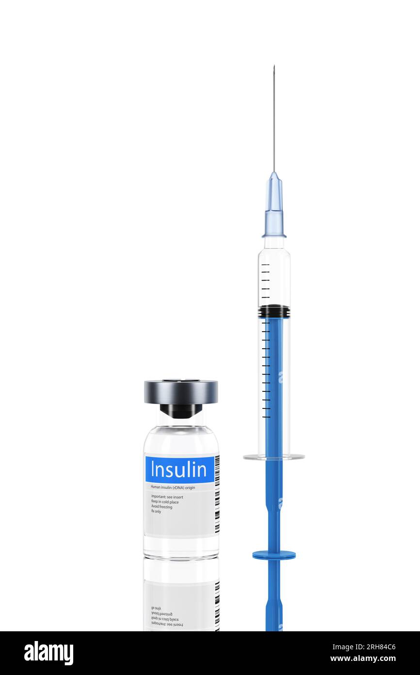 L'immagine raffigura una siringa e una bottiglia di insulina, probabilmente utilizzata per somministrare insulina per gestire i livelli di zucchero nel sangue nei soggetti affetti da diabete Foto Stock