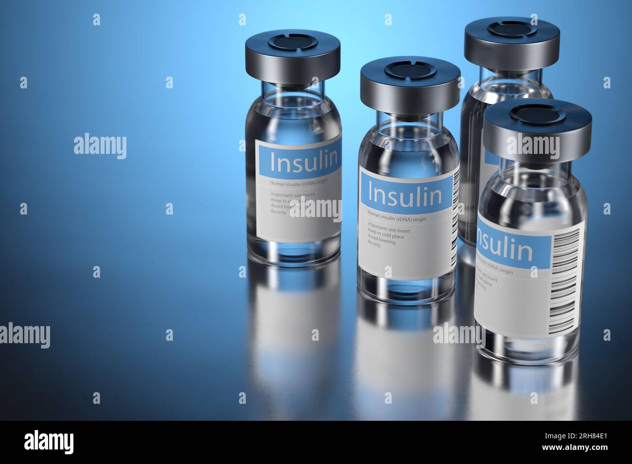Il quadro suggerisce che l'insulina è in fase di preparazione per l'uso, possibilmente per il trattamento del diabete. Sul tavolo è presente una siringa, che può essere Foto Stock