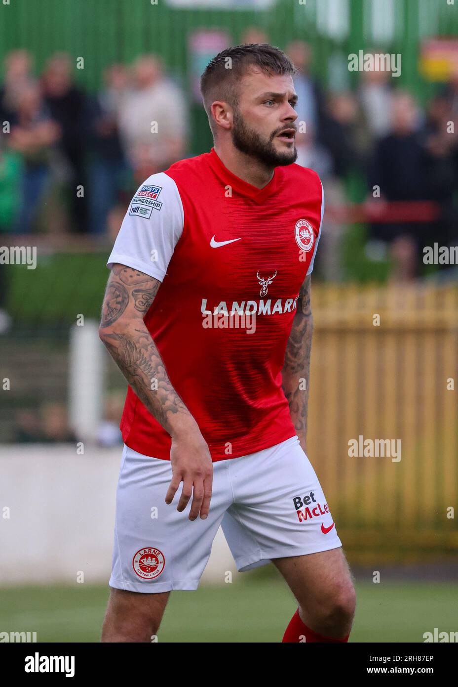 BetMcLean Oval, Belfast, Irlanda del Nord, Regno Unito. 11 agosto 2023. Sports Direct Premiership – Glentoran 1 Larne2, Larne calciatore, Andy Ryan. Foto Stock