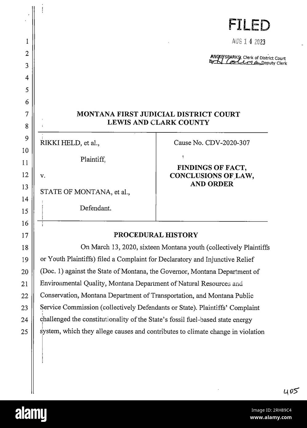 Helena, Montana, USA. 14 agosto 2023. La prima pagina di una decisione legale di 103 pagine del giudice distrettuale del Montana Kathy Seeley nella rivoluzionaria Rikki Held, et.Al., V causa per il cambiamento climatico dello Stato del Montana. Seeley, che ha sentito il primo processo costituzionale sul clima di USÃs all'inizio di quest'anno, ha deciso lunedì a favore di un gruppo di giovani querelanti che avevano accusato i funzionari statali del Montana di violare il loro diritto a un ambiente sano secondo la costituzione statale. Sentenza integrale: https://westernlaw.org/wp-content/uploads/2023/08/2023.08.14-Held-v.-Montana-victory-order.pdf. (Immagine di credito: © M Foto Stock
