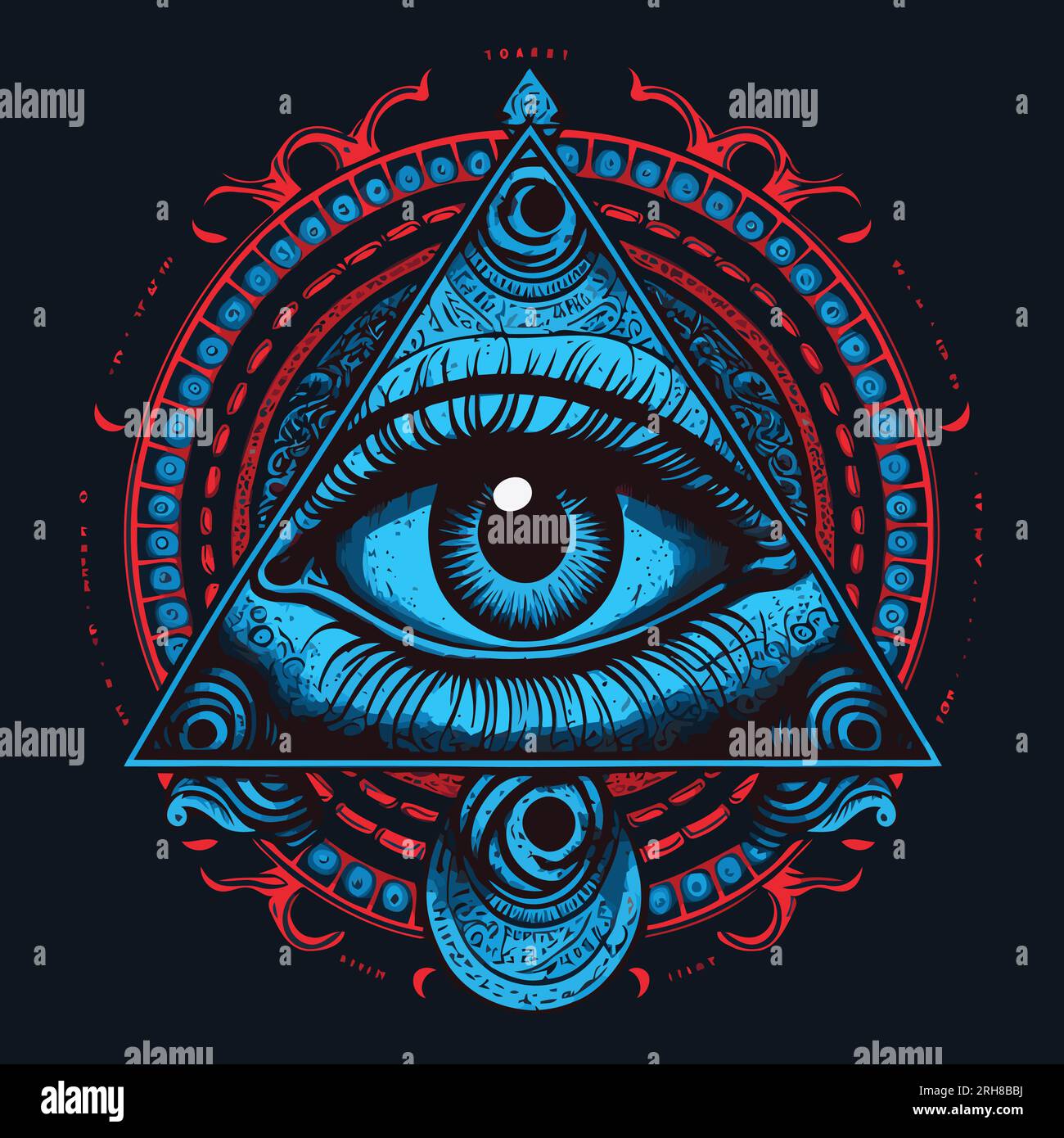 Tutti vedono Eye. Occhio di provenienza. Occhio e piramide. Occhio malvagio. Occhio massonico. Cavalieri Templari / simbolo illuminati. Stile di stampa dello schermo. Art. Vettoriale Illustrazione Vettoriale