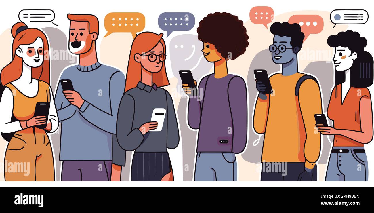 Diversi gruppi di persone che comunicano con la tecnologia moderna. Art. Vettoriale Diversità, smartphone, app, chat, social media, concetto di SMS. Illustrazione Vettoriale