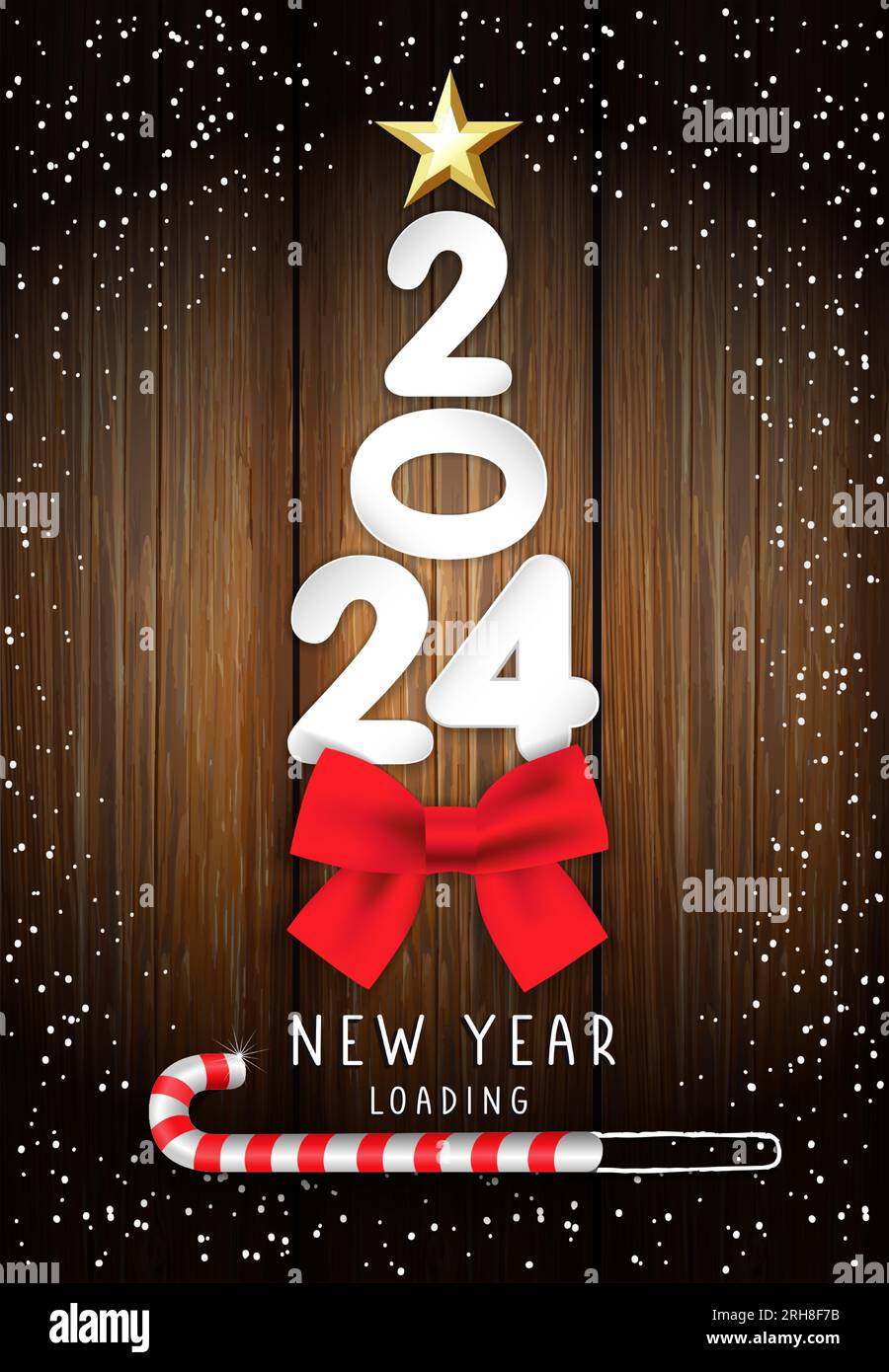 Capodanno 2024 caricamento biglietto d'auguri con numeri di carta, fiocco rosso e stella dorata. Auguri di Natale con numero 3d 2024 e bastone natalizio in legno Illustrazione Vettoriale