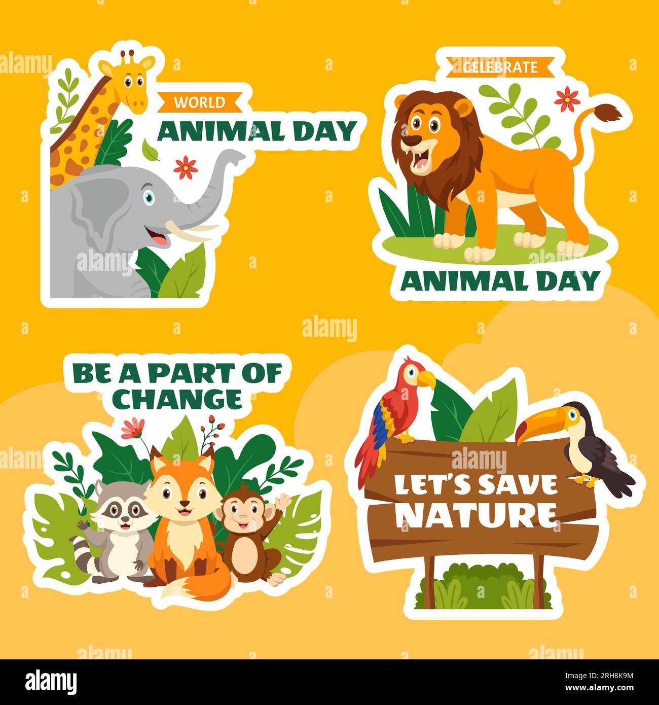 Etichetta per la giornata mondiale degli animali modelli disegnati a mano con cartone animato piatto illustrazione di sfondo Illustrazione Vettoriale
