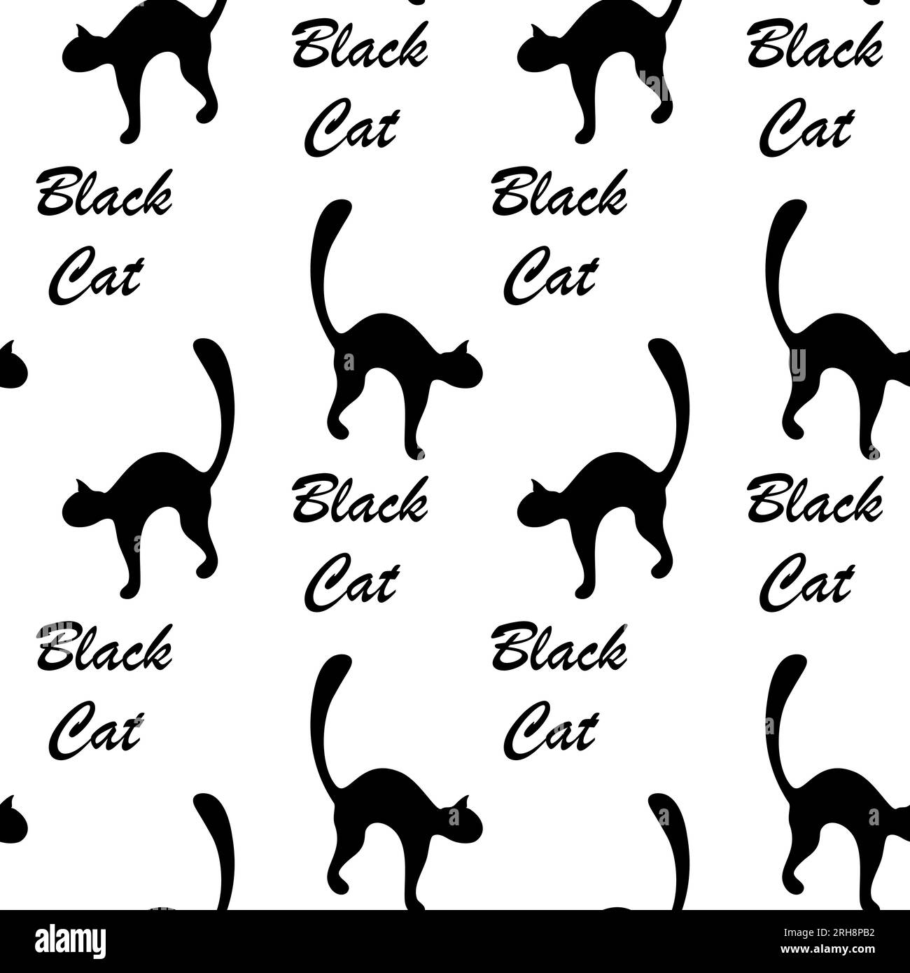 Modello di silhouette senza cuciture un gatto nero con scritta Black Cat. Felice giornata Nazionale del Gatto Nero. Isolare. Design vettoriale per il confezionamento, lo sfondo, il poster, lo striscione, il biglietto d'auguri o il biglietto d'invito, il Web. EPS Illustrazione Vettoriale