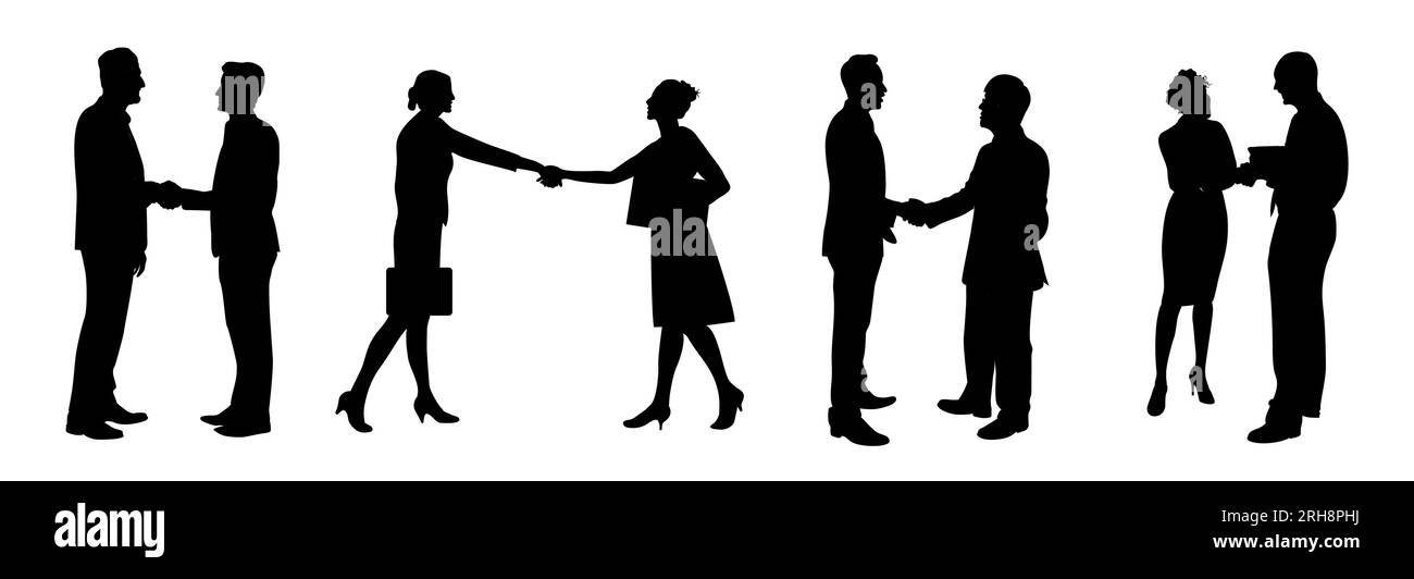 Set di persone che stringono le mani e le silhouette. Illustrazione Vettoriale