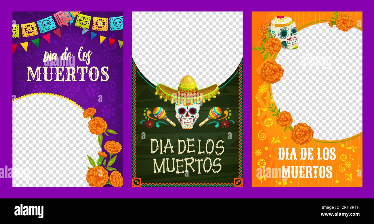 Modelli di social media dia de los muertos. Poster del giorno dei morti con cornici. Sfondi vettoriali vivaci, con colorate calaveras, calendule, ghirlande per onorare e celebrare i propri cari Illustrazione Vettoriale