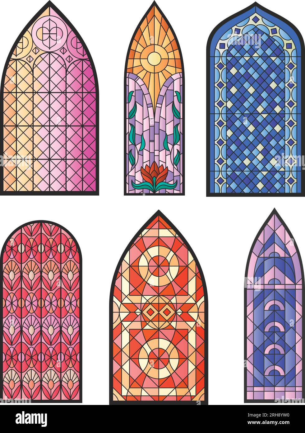 Set con vetrate isolate a mosaico della chiesa, del tempio, finestre della cattedrale illuminate icone colorate su sfondo vuoto illustrazione vettoriale Illustrazione Vettoriale