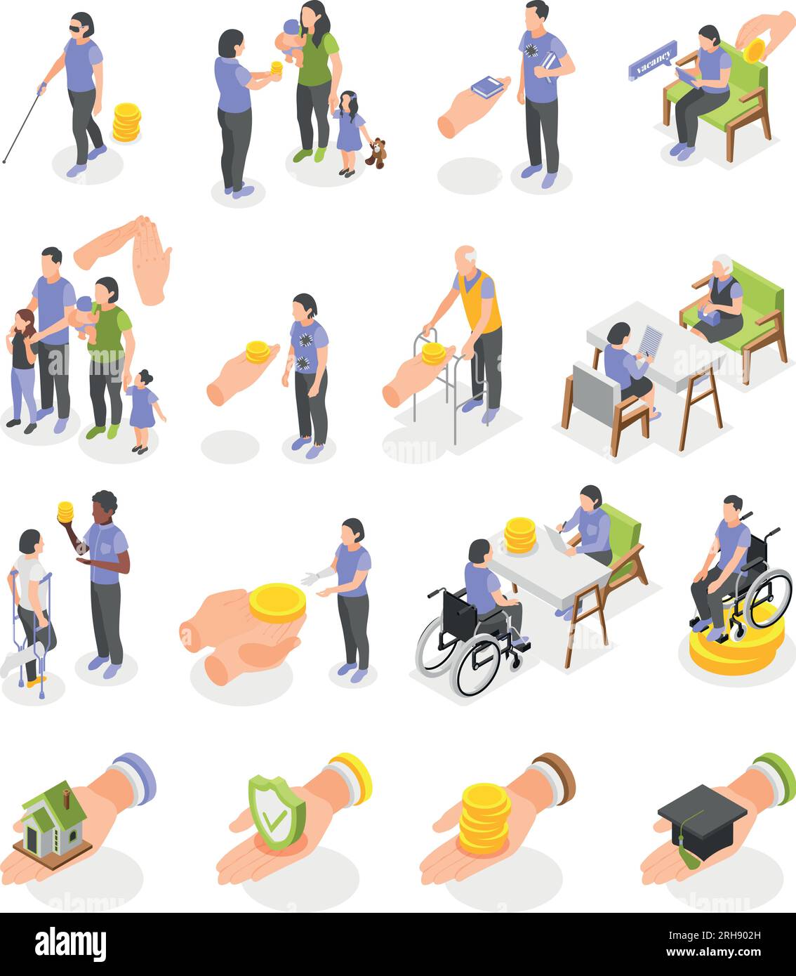 Prestazioni di assicurazione sociale per disabili istruzione familiare disoccupati icone isometriche set di illustrazioni vettoriali isolate Illustrazione Vettoriale