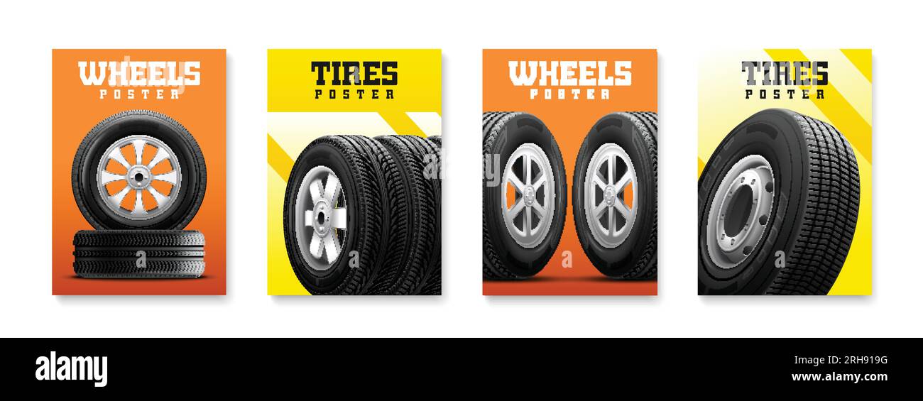 Set realistico di quattro poster colorati che rappresentano le ruote e gli pneumatici di un'auto, illustrazioni vettoriali isolate Illustrazione Vettoriale Set realistico di quattro poster colorati che rappresentano le ruote e gli pneumatici di un'auto, illustrazioni vettoriali isolate Illustrazione Vettoriale