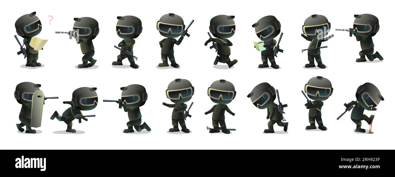 Set di personaggi militari. Divertente stile cartoni animati. oggetto isolato su sfondo bianco. Vettore Illustrazione Vettoriale