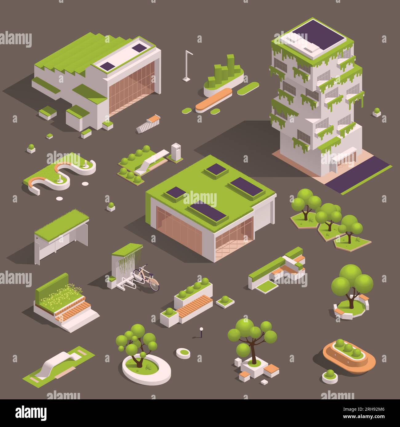 Spazi verdi urbani, icona isometrica di design ecologico con alberi case aiuole panche illustrazione vettoriale Illustrazione Vettoriale