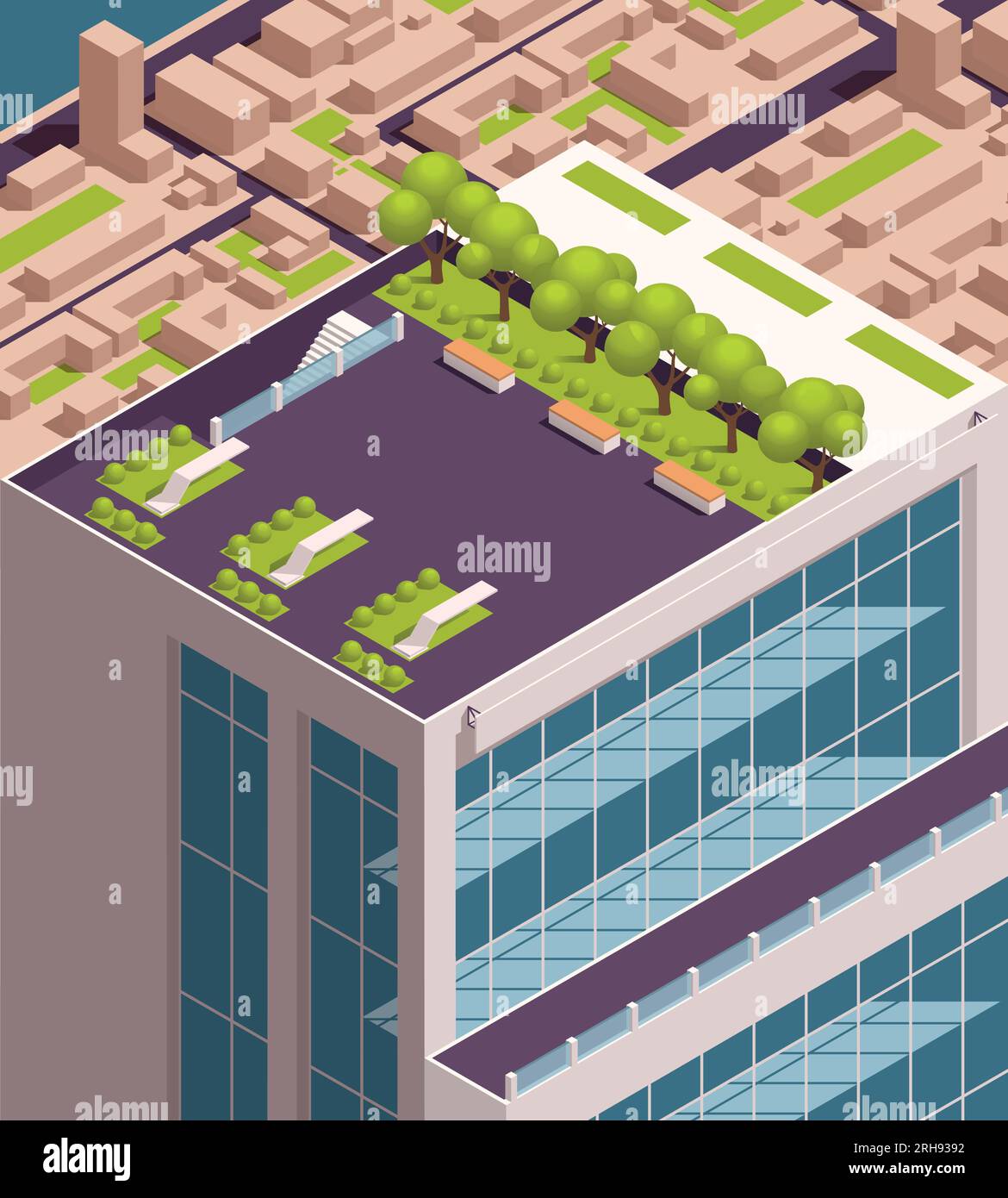 Spazi verdi urbani design ecologico concetto di colore isometrico con cespugli verdi alberi e decorazioni sul tetto dell'alto edificio con illustrazione vettoriale Illustrazione Vettoriale