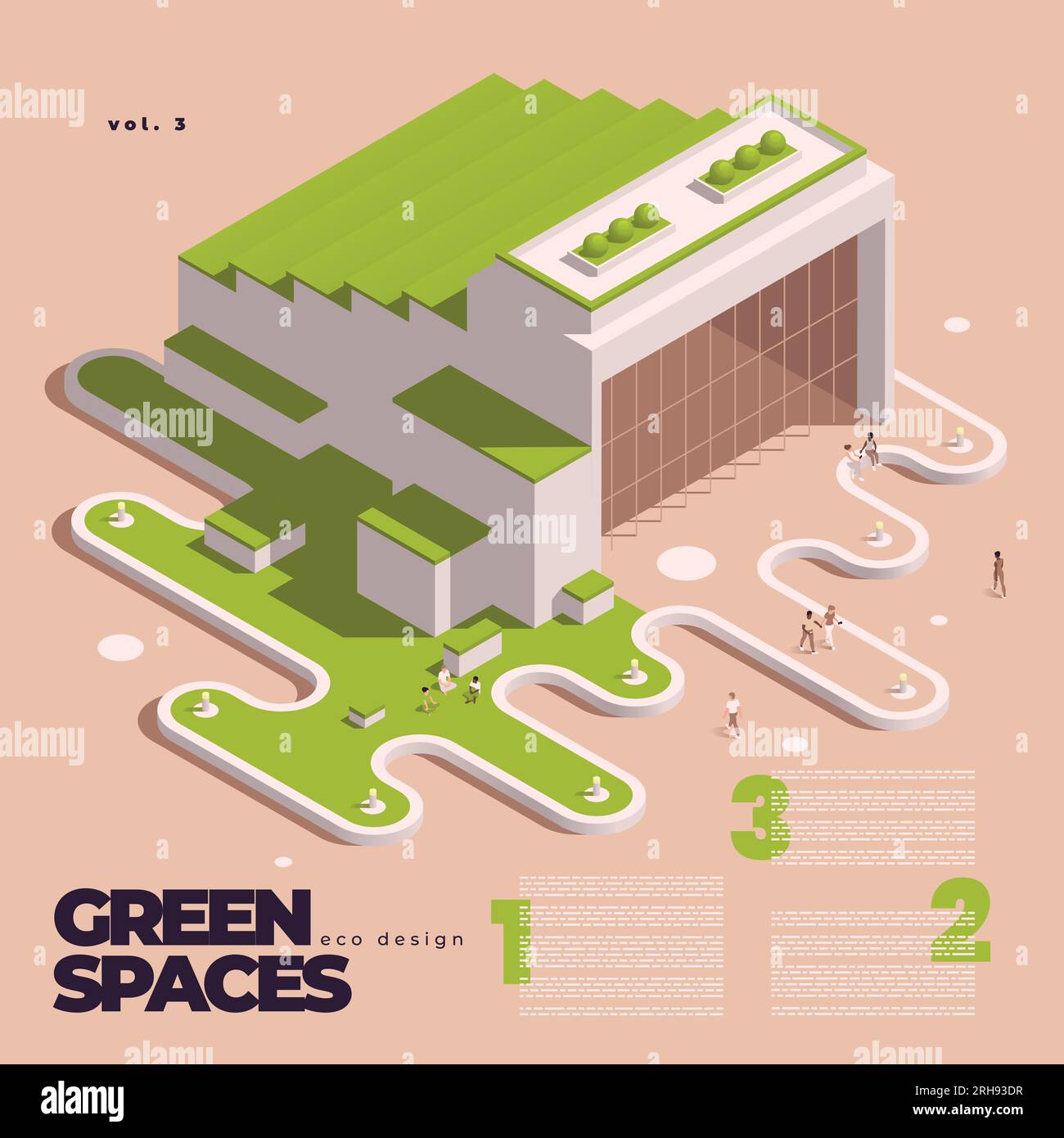 Spazi verdi urbani, design ecologico, concetto isometrico con grande edificio verde con un'area adiacente e residenti che camminano nelle vicinanze illustrazione vettoriale Illustrazione Vettoriale