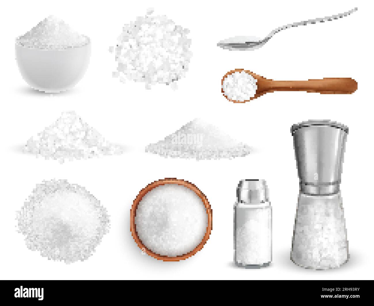 Set realistico di immagini isolate con grana grossa e fine in piatti cucchiai e cantine illustrazione vettoriale Illustrazione Vettoriale