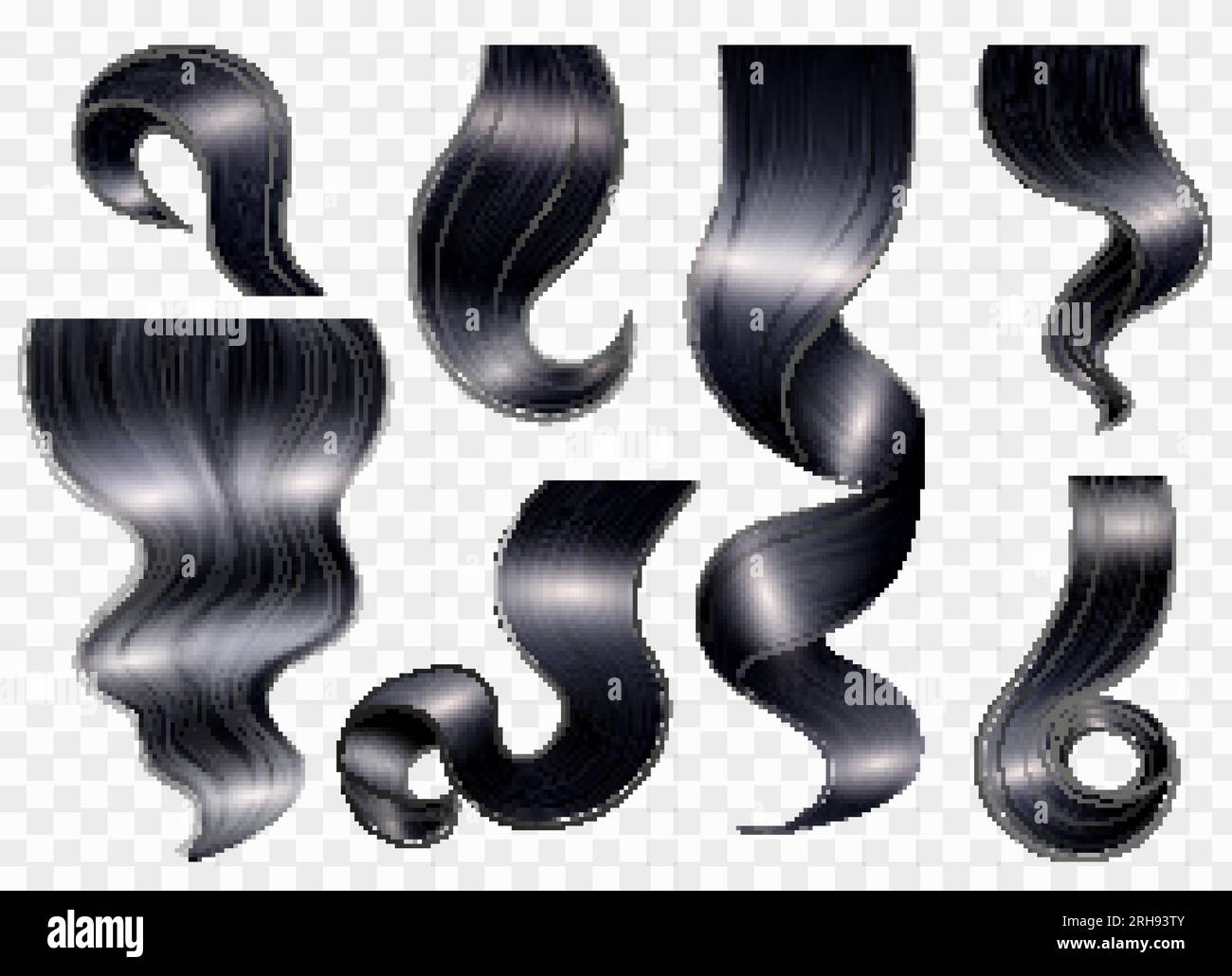 Set realistico di boccoli neri isolati per capelli femminili con punti di luce su sfondo trasparente Illustrazione Vettoriale