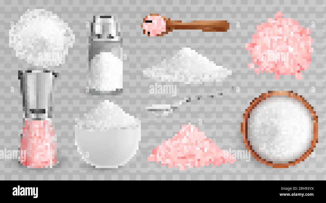 Set realistico di immagini isolate con sale bianco e rosa in piatti di cantine e illustrazioni vettoriali Illustrazione Vettoriale