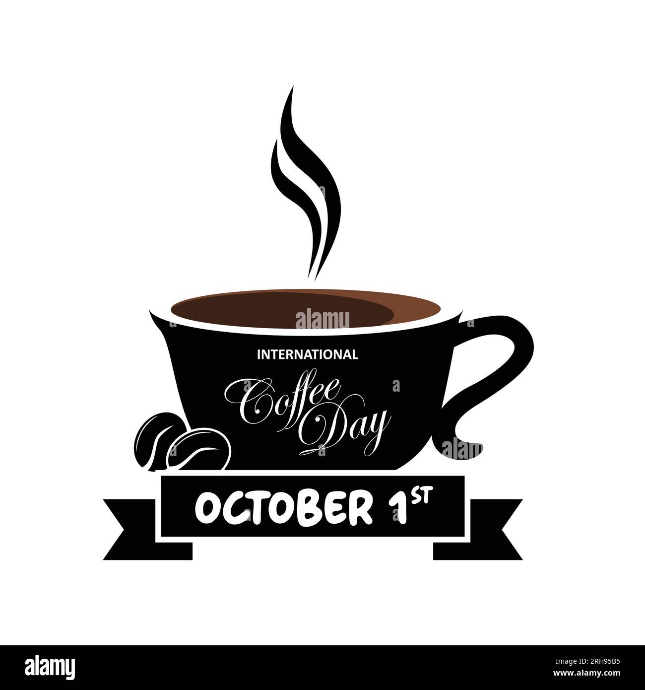 Citazione International Coffee Day. Logotipo vettoriale disegnato a mano con caratteri tipografici e tazza di caffè su sfondo bianco Illustrazione Vettoriale