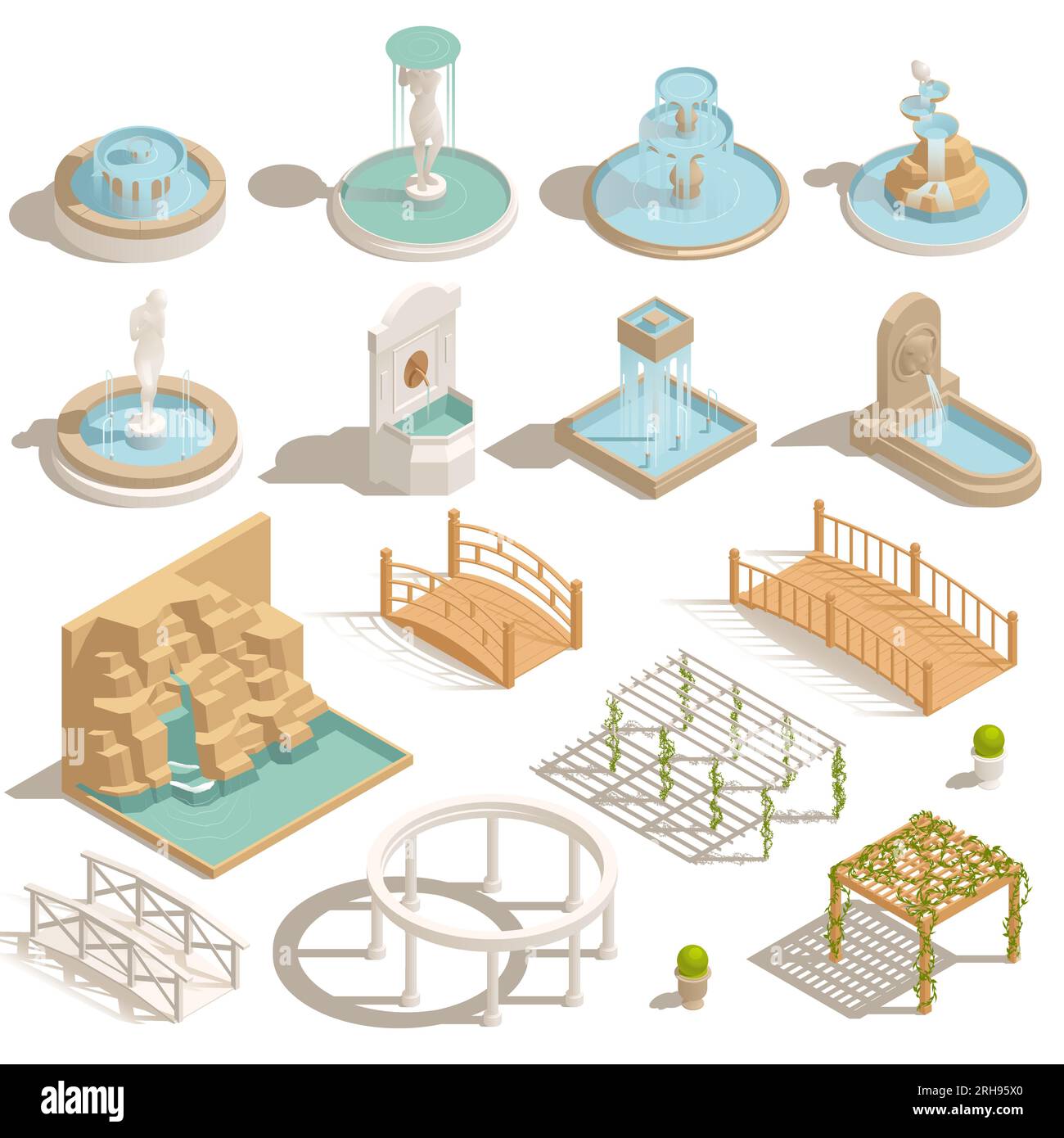 Parco fontane stagni gazebo set isometrico di icone isolate con elementi paesaggistici ponti cascate e case d'estate illustrazione vettoriale Illustrazione Vettoriale