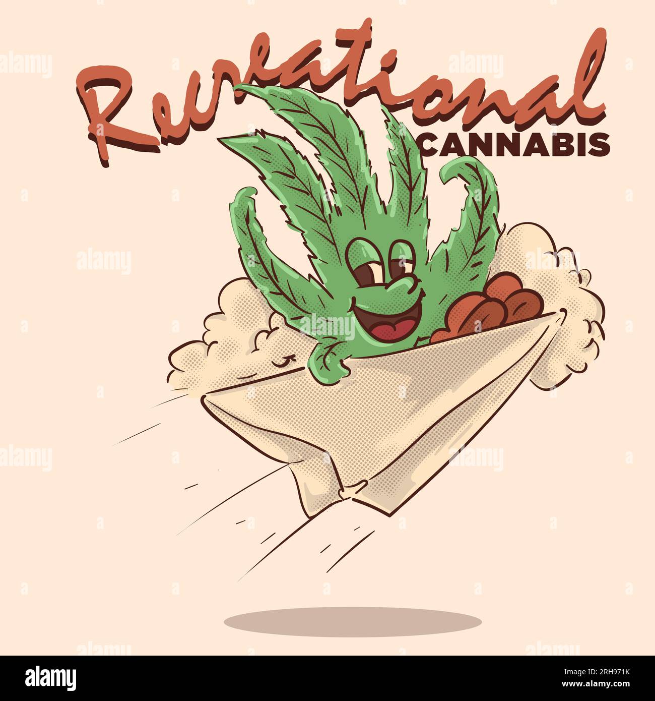 funky flying cannabis per il concetto di canapa ricreativa. ganja retrò con illustrazione vettoriale del concetto di mascotte facciale Illustrazione Vettoriale