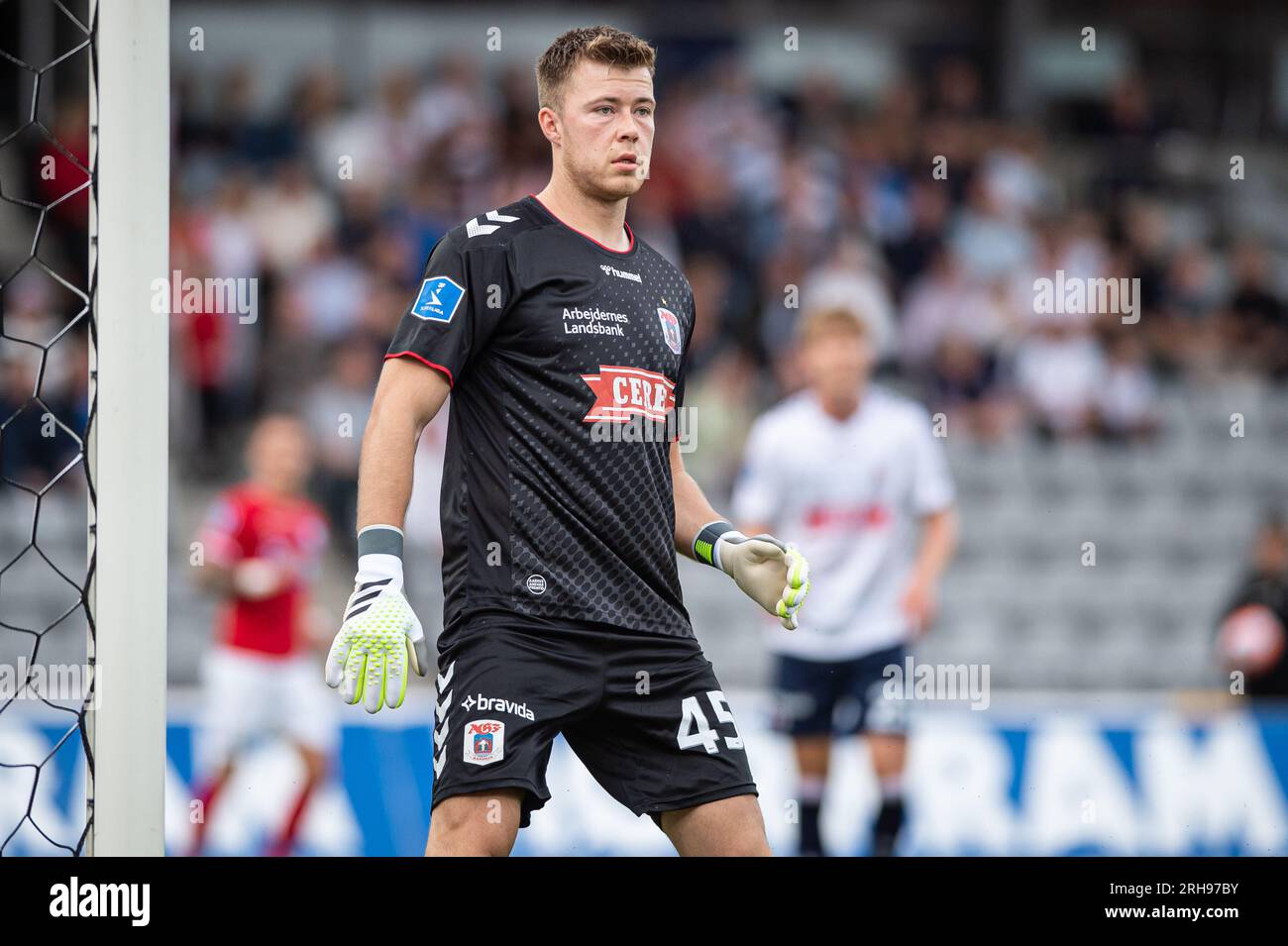 Aarhus, Danimarca. 13 agosto 2023. Il portiere Bailey Peacock-Farrell (45) della AGF è stato visto durante il 3F Superliga match tra Aarhus GF e Silkeborg IF al Ceres Park di Aarhus. (Foto: Gonzales Photo - Morten Kjaer). Foto Stock