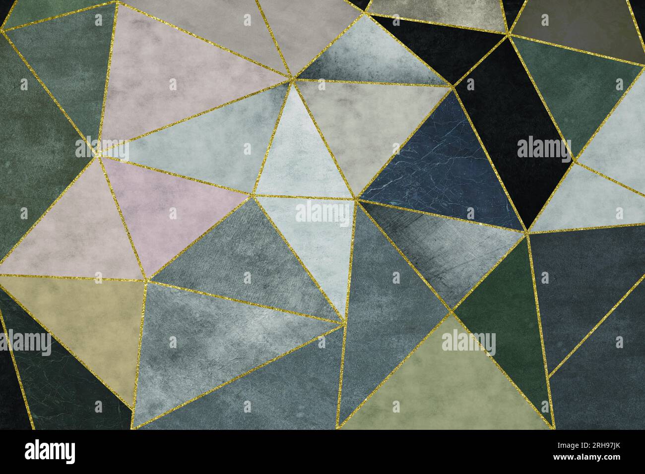 Motivo astratto costituito da triangoli scuri con perle su sfondo dorato Foto Stock
