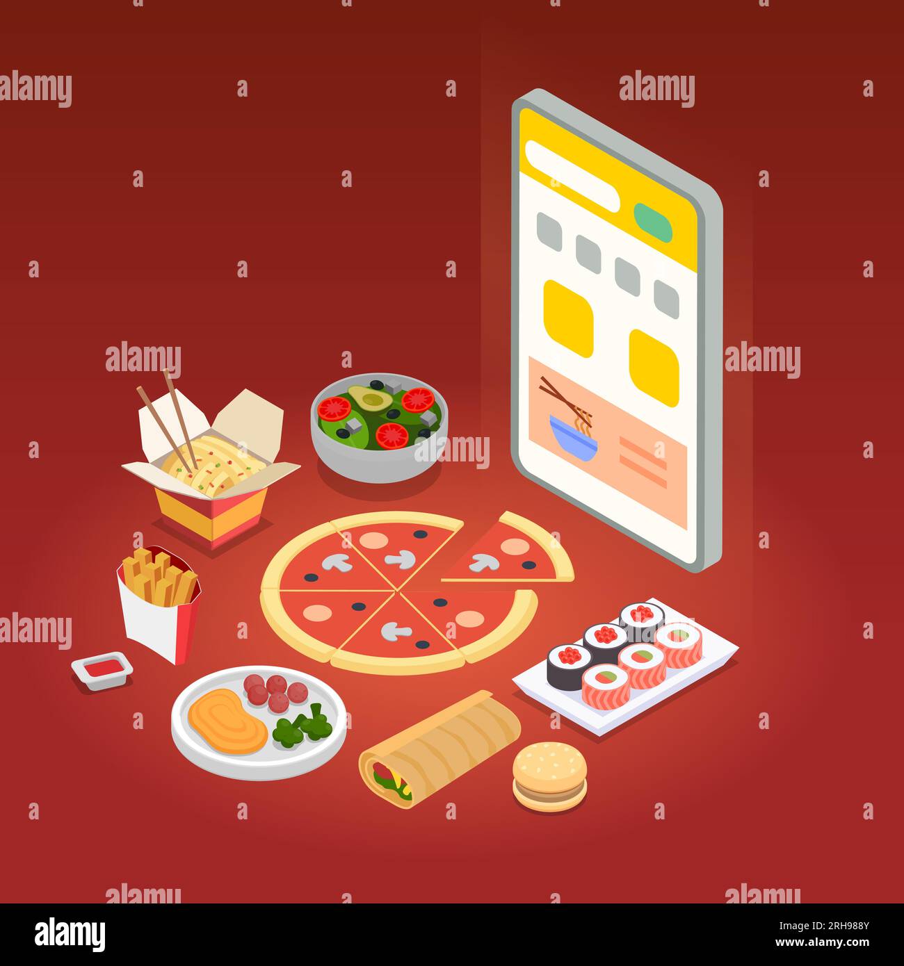 Concetto di cucina cloud con simboli della varietà alimentare illustrazione vettoriale isometrica Illustrazione Vettoriale