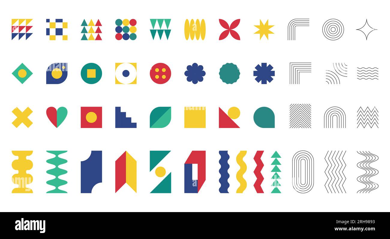 Raccolta di forme geometriche semplici. Ispirato al minimalismo svizzero, Bauhaus, brutalismo, retrofuturismo. Elementi di progettazione astratti. Colore vettore piatto AN Illustrazione Vettoriale