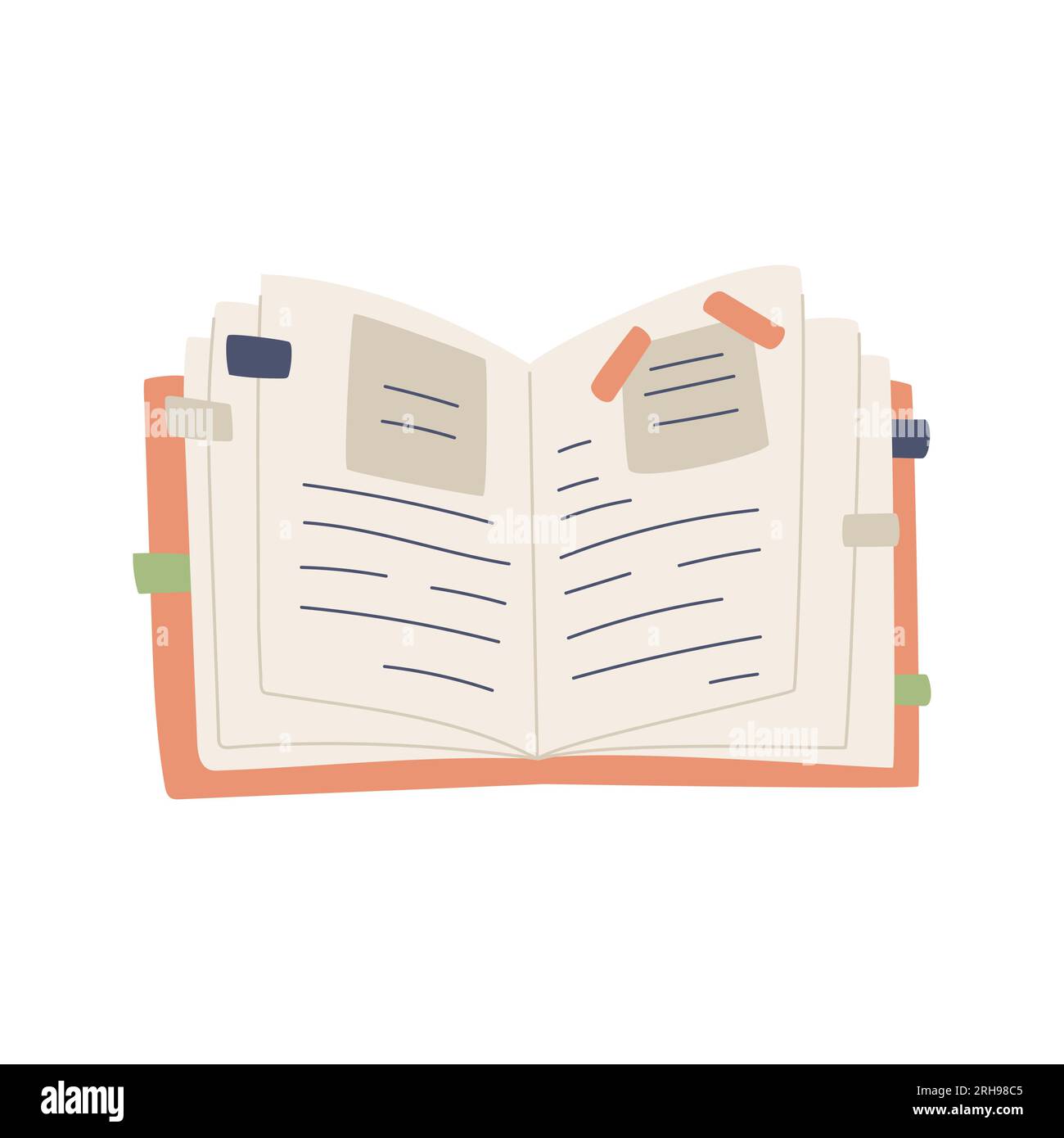 Un diario aperto per scrivere, appunti, pianificare con adesivi e segnalibri. Appunti, agenda, pianificazione, promemoria. Illustrazione vettoriale dei cartoni animati piatti Illustrazione Vettoriale