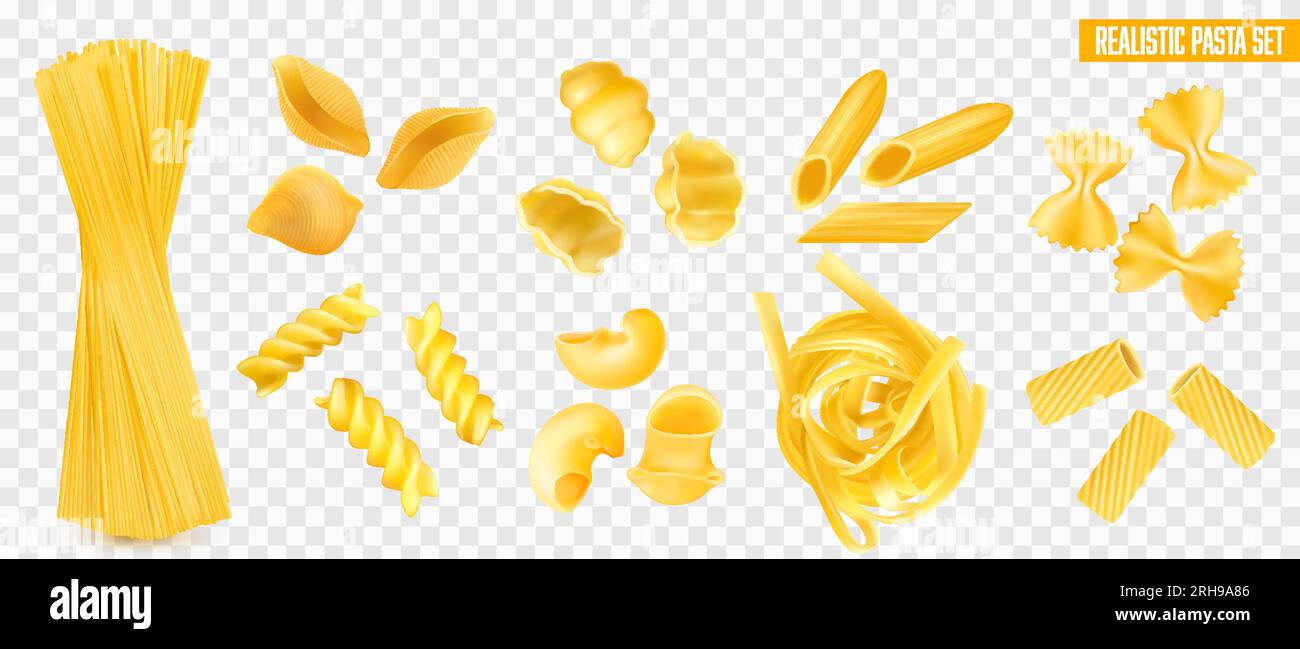 Tipi di pasta secca italiana set realistico con spaghetti penne farfalle tagliatelle fusilli isolati su sfondo trasparente illustrazione vettoriale Illustrazione Vettoriale