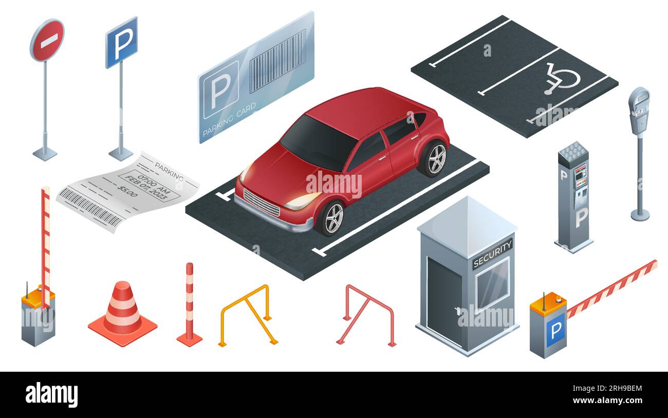 Set di parcheggio realistico con biglietti per auto nel parcheggio ed elementi della tecnologia di assistenza parcheggio automatica illustrazione vettoriale isolata Illustrazione Vettoriale