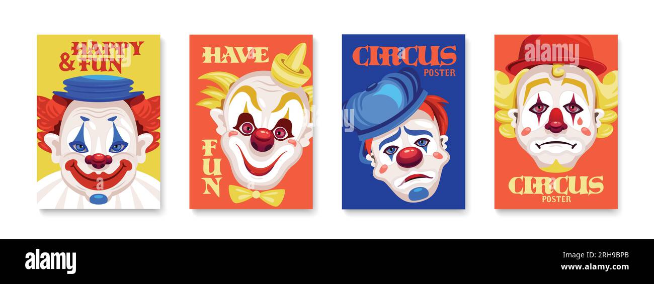 Set di quattro poster verticali isolati con teste di clown caratteri sfondo solido e illustrazione vettoriale di testo ornato Illustrazione Vettoriale