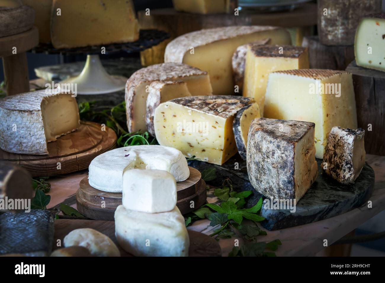 Ampia scelta di formaggi francesi maturati su un pannello rustico di legno Foto Stock