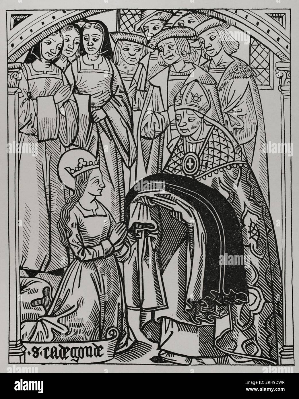Saint Radegund (ca. 520-587). Principessa di Turingia e regina dei Franchi dal suo matrimonio con Clothar i (498-561). Radegund ricevette l'abitudine e fu consacrata una deaconess da Medard (456-545), vescovo di Noyon, quando lasciò suo marito re Clothar per entrare nella vita religiosa. Facsimile dopo un'incisione da "The History and Chronicle of Clotaire", 1513. "Vie Militaire et Religieuse au Moyen Age et à l'Epoque de la Renaissance". Parigi, 1877. Foto Stock