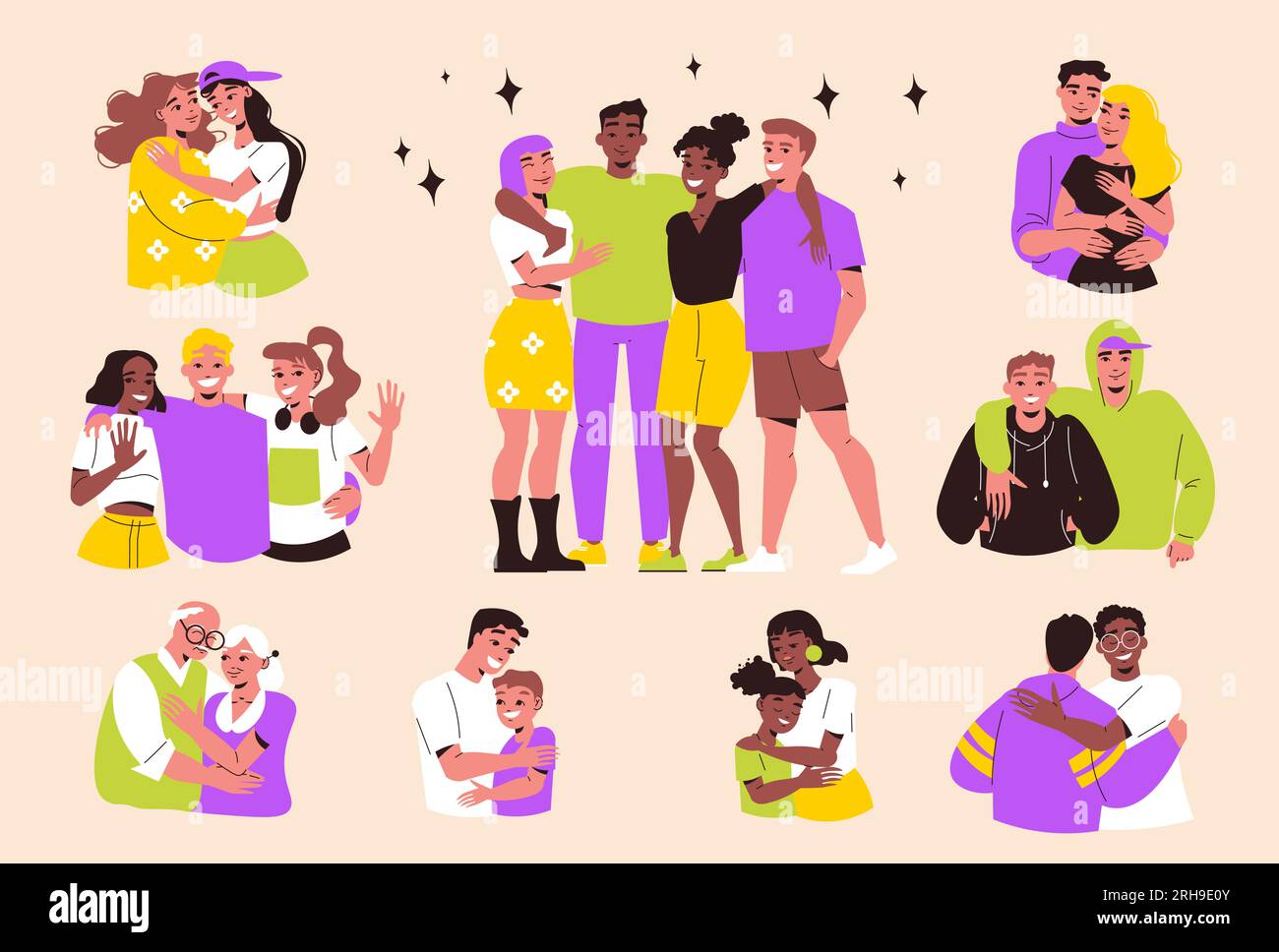 Abbracciare le persone in appartamento con coppie giovani e anziane amici genitori con bambini isolati su sfondo colorato illustrazione vettoriale Illustrazione Vettoriale