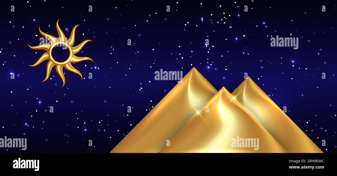 Simboli dell'antico Egitto in antico stile oro. dio del sole e piramidi. Illustrazione del banner vettoriale isolata su sfondo blu stellato Illustrazione Vettoriale