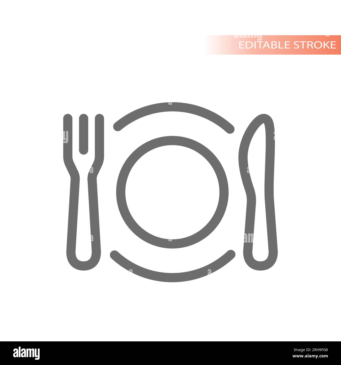 Icona vettore piastra, coltello e linea forca. Simbolo del pasto, del piatto e del cibo. Illustrazione Vettoriale