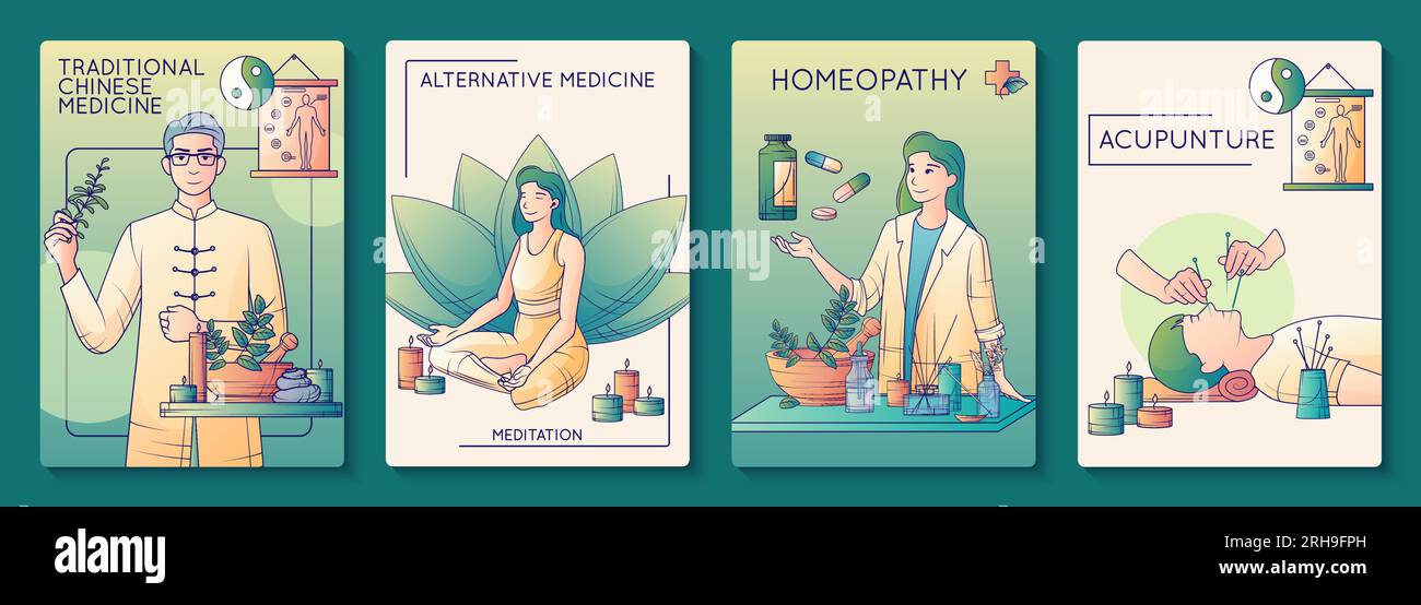 Set di quattro poster isolati con testo e caratteri umani in stile doodle illustrazioni vettoriali Illustrazione Vettoriale