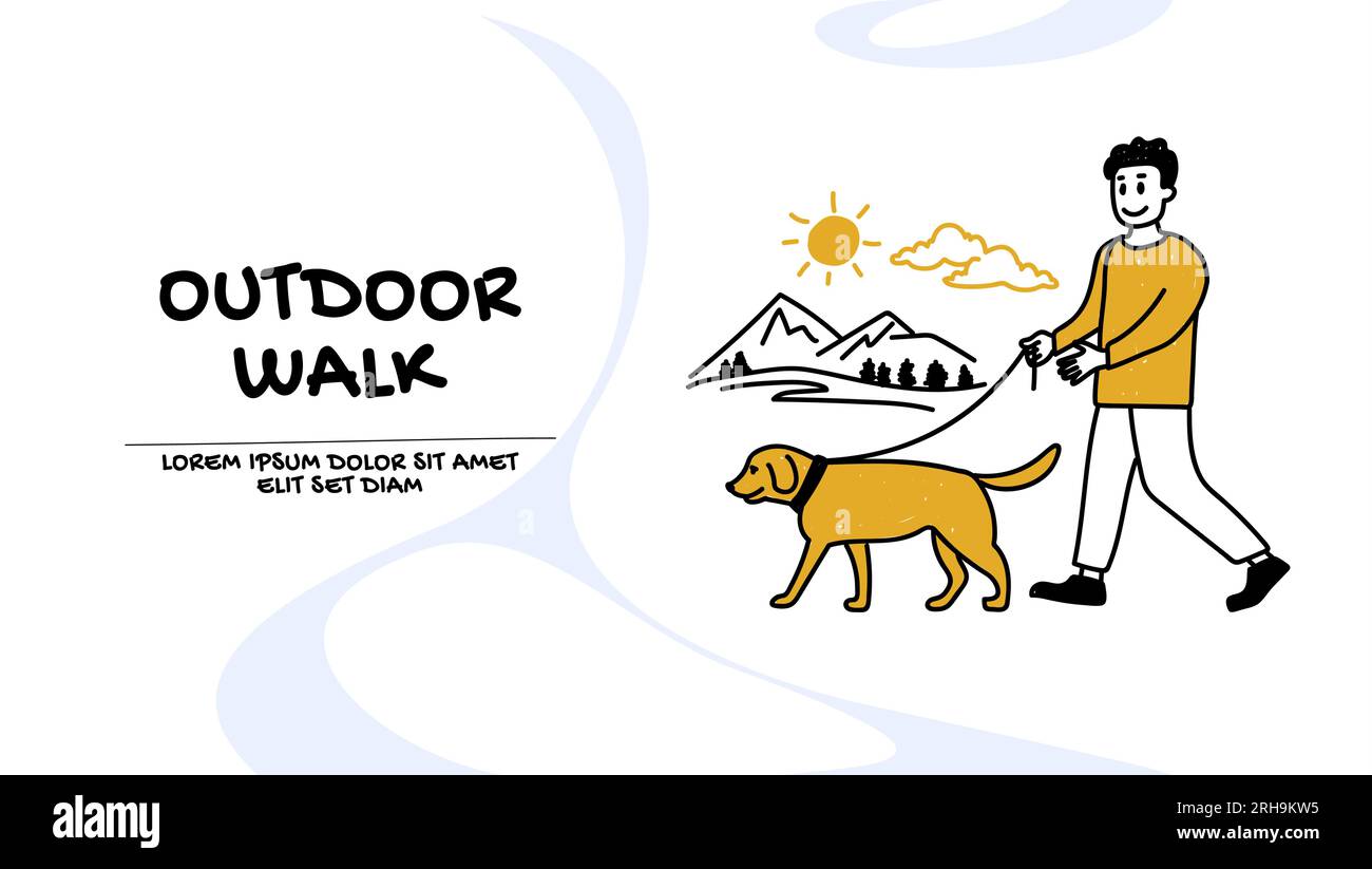 Vettore di un giovane felice che cammina all'aperto con il suo cane Illustrazione Vettoriale