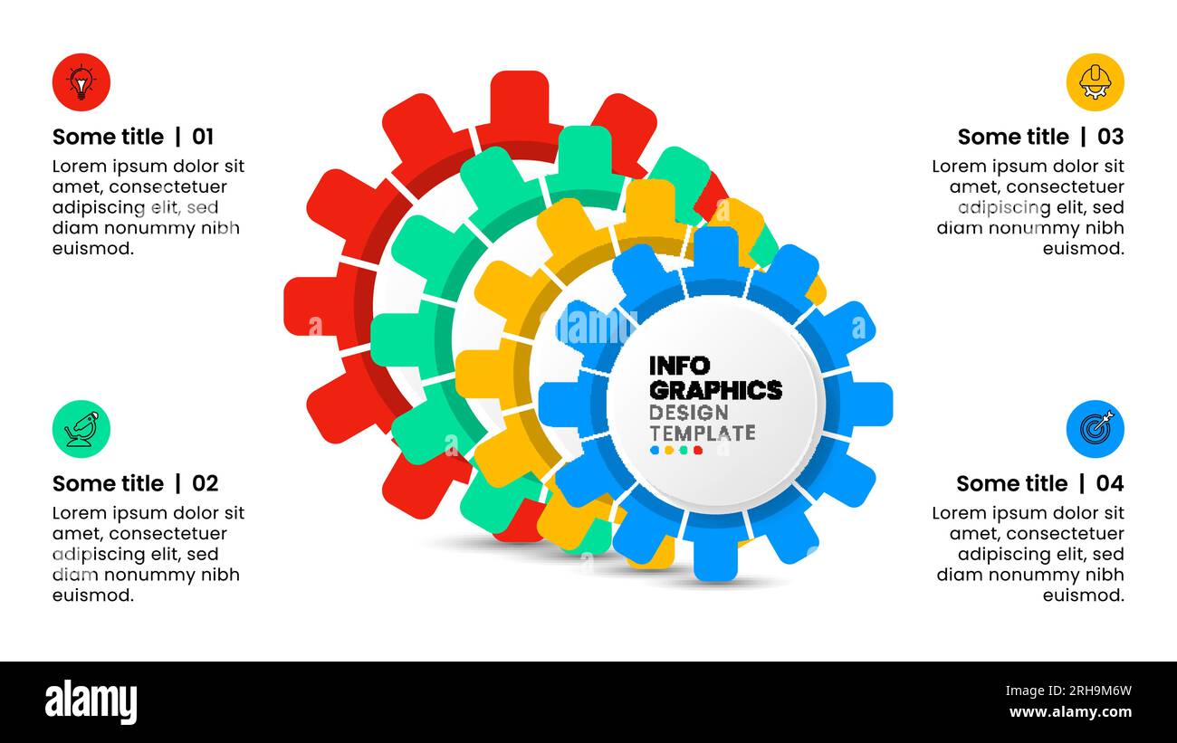 Modello infografico con icone e 4 opzioni o passaggi. Ingranaggi. Può essere utilizzato per il layout del flusso di lavoro, il diagramma, il banner, il webdesign. Illustrazione vettoriale Illustrazione Vettoriale