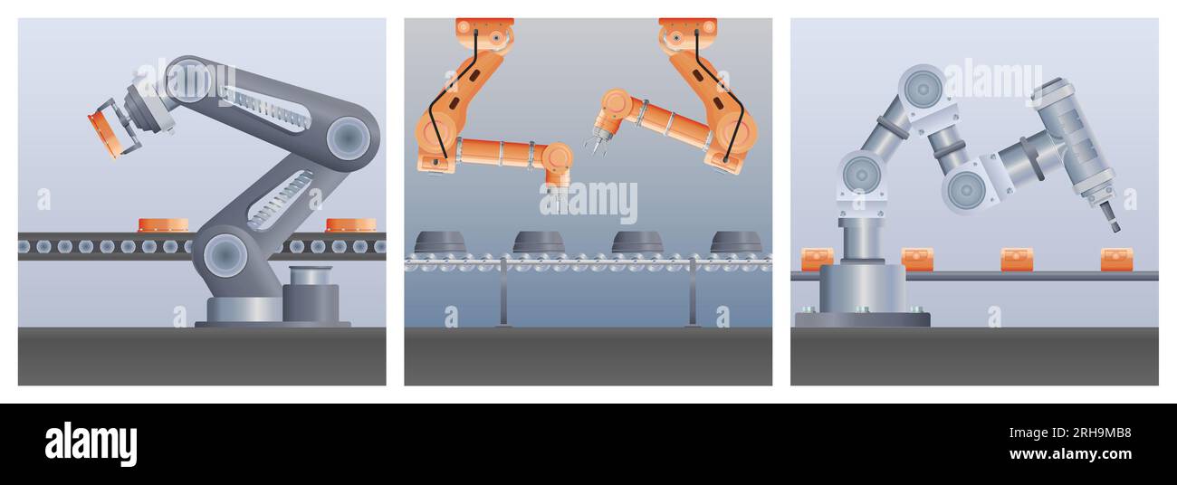 Impostare con tre composizioni quadrate di immagini realistiche del braccio manipolatore robotizzato con viste di linee di assemblaggio illustrazione vettoriale Illustrazione Vettoriale