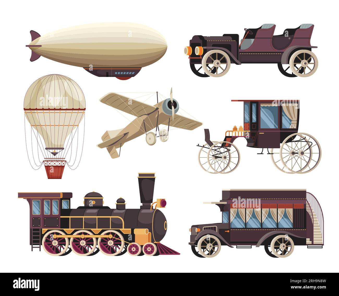 Set di carrozze passeggeri d'epoca con auto e mongolfiera realistica illustrazione vettoriale isolata Illustrazione Vettoriale