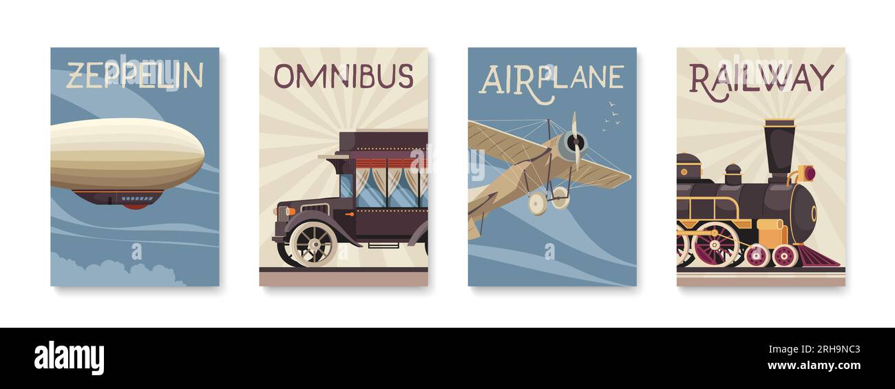 Poster per carrozze passeggeri vintage con aeroplano e zeppelin realistiche illustrazioni vettoriali isolate Illustrazione Vettoriale