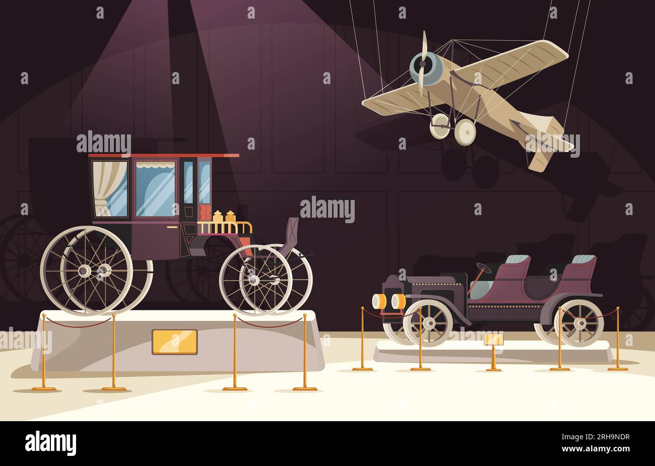 Sfondo di carrozza passeggeri d'epoca con simboli espositivi realistici illustrazioni vettoriali Illustrazione Vettoriale