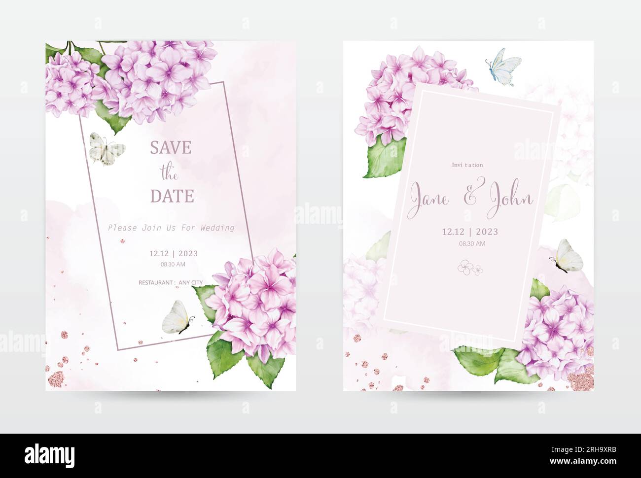 Set di carte d'invito ad acquerello pastello con fiori di ortensia rosa, decorate con glitter, farfalle e macchie. Vector perfetto per una W Illustrazione Vettoriale
