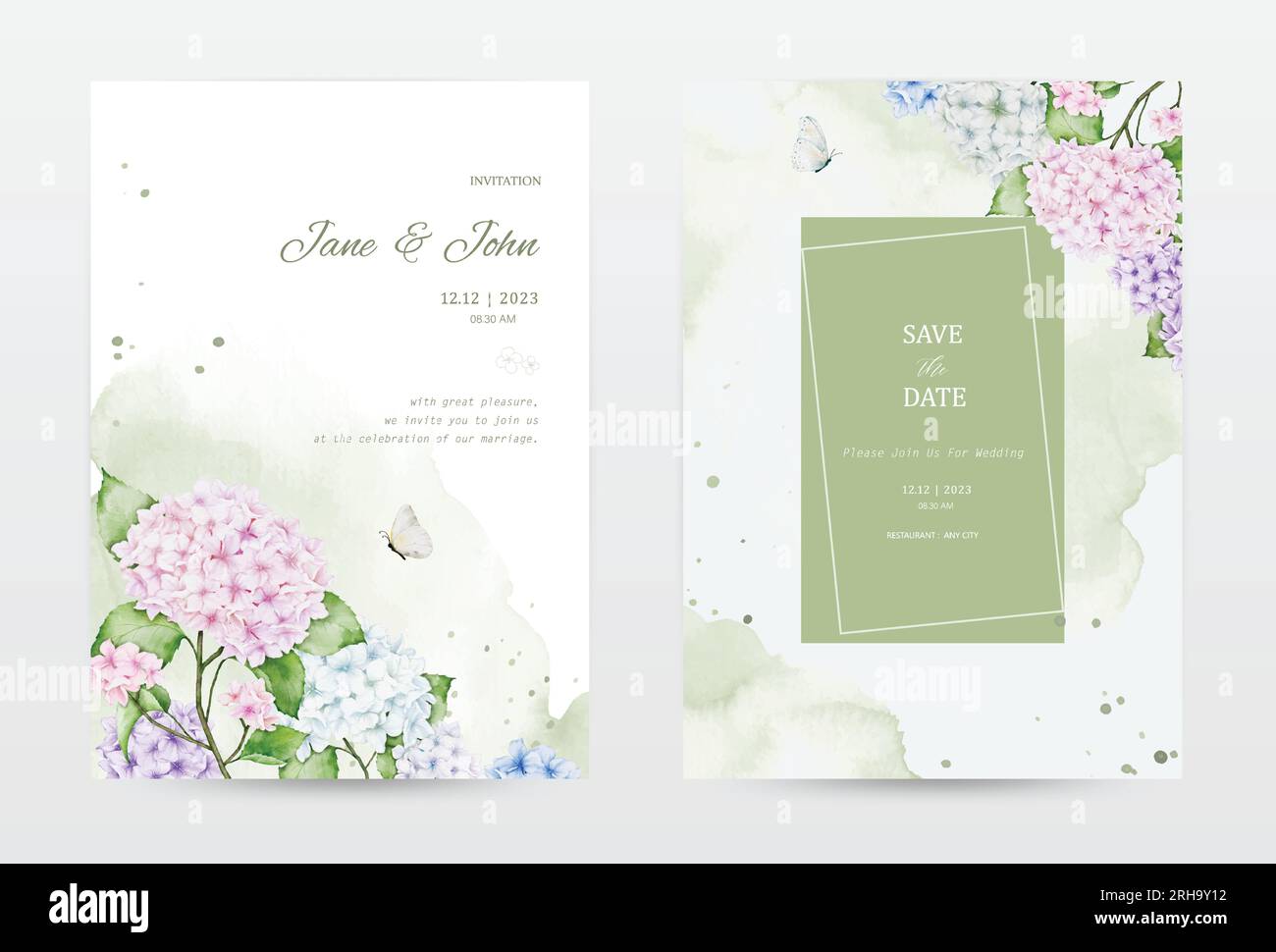 Set di carte di invito ad acquerello con coloratissimi fiori di ortensia, decorate con farfalle, schizzi e macchie. Vector perfetto per un matrimonio Illustrazione Vettoriale