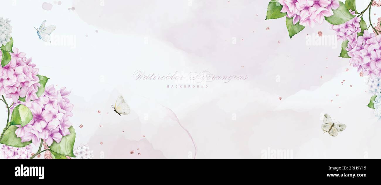 Arte acquerello con fiori di ortensia rosa, decorata con glitter, farfalle e macchie per lo sfondo orizzontale. Sfondo vettoriale perfetto per b Illustrazione Vettoriale
