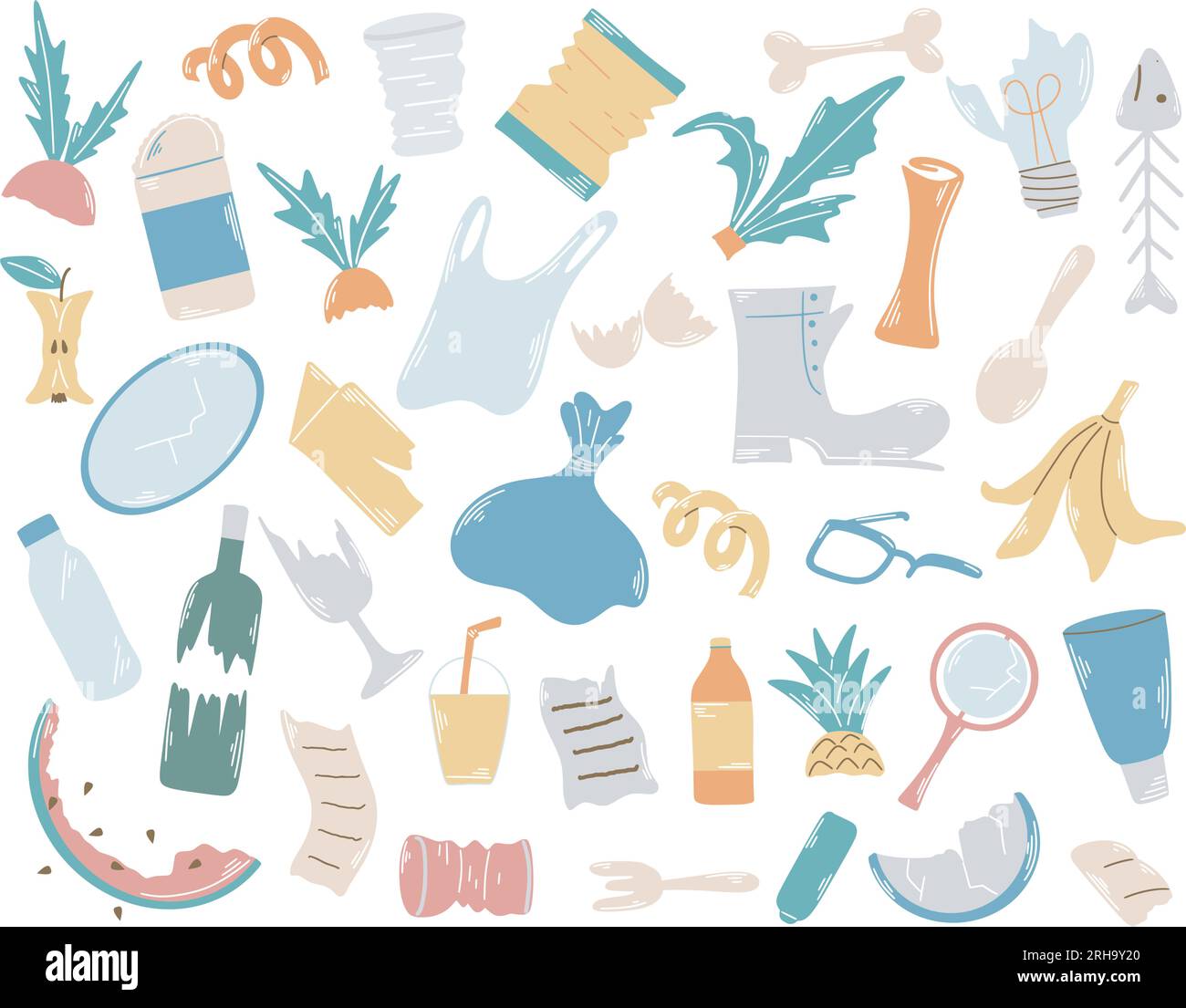 Set di immondizia e rifiuti domestici disegnati a mano. I rifiuti non ordinati includono alimenti residui, oggetti rotti, vetro, plastica, carta. Inquinamento ambientale Illustrazione Vettoriale